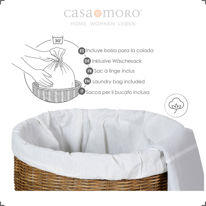 Rattan laundry basket with cotton inner bag, machine washable at 30 °C, explained in multiple languages