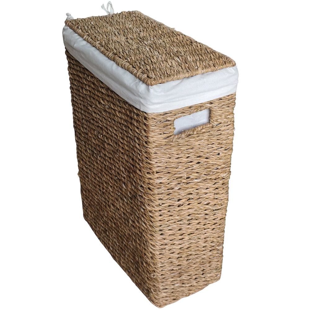 A narrow laundry basket with a 45-liter capacity, a woven lid, a white fabric liner, and a handle opening on the side.
