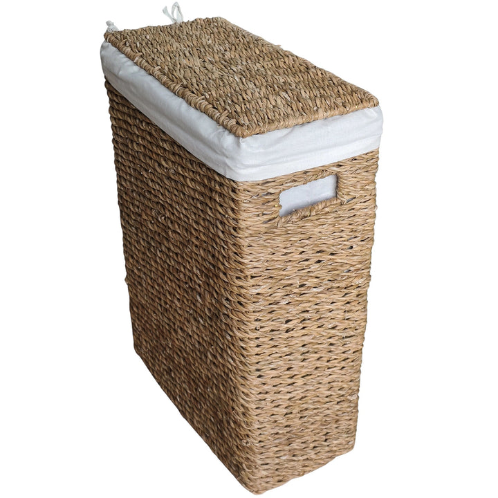 A narrow laundry basket with a 45-liter capacity, a woven lid, a white fabric liner, and a handle opening on the side.