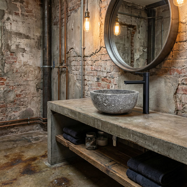 Round marble Washbasin as a countertop basin on a concrete console, stone sink in the industrial bathroom with fittings