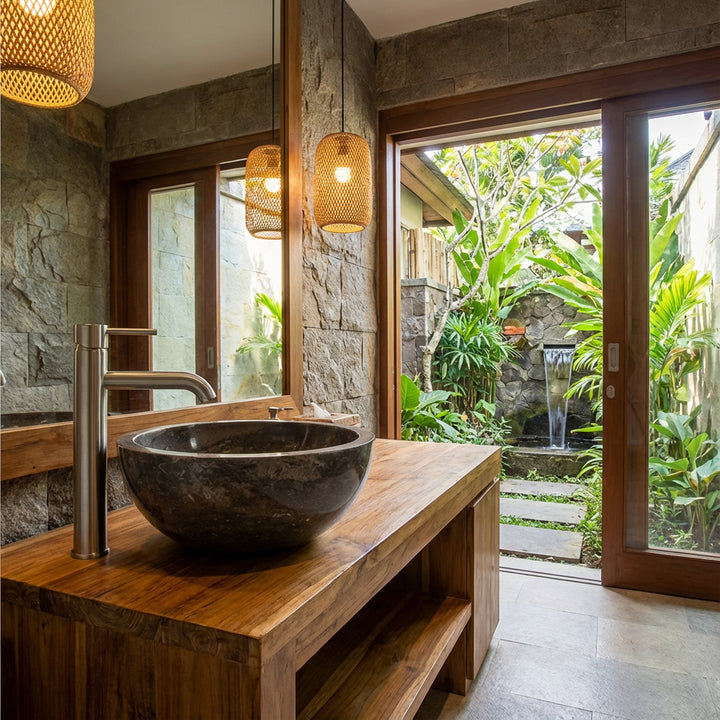 Round countertop basin made of dark marble on wooden vanity unit with stainless steel fittings in open spa bathroom with garden view
