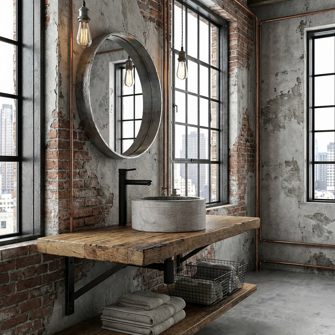 Round Washbasin in a marble look on a rustic wooden console, staged in an urban industrial bathroom with a loft character.