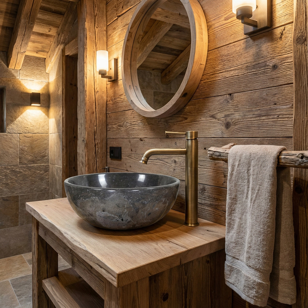 Round countertop marble washbasin on rustic wooden washbasin in chalet bathroom with brass fittings