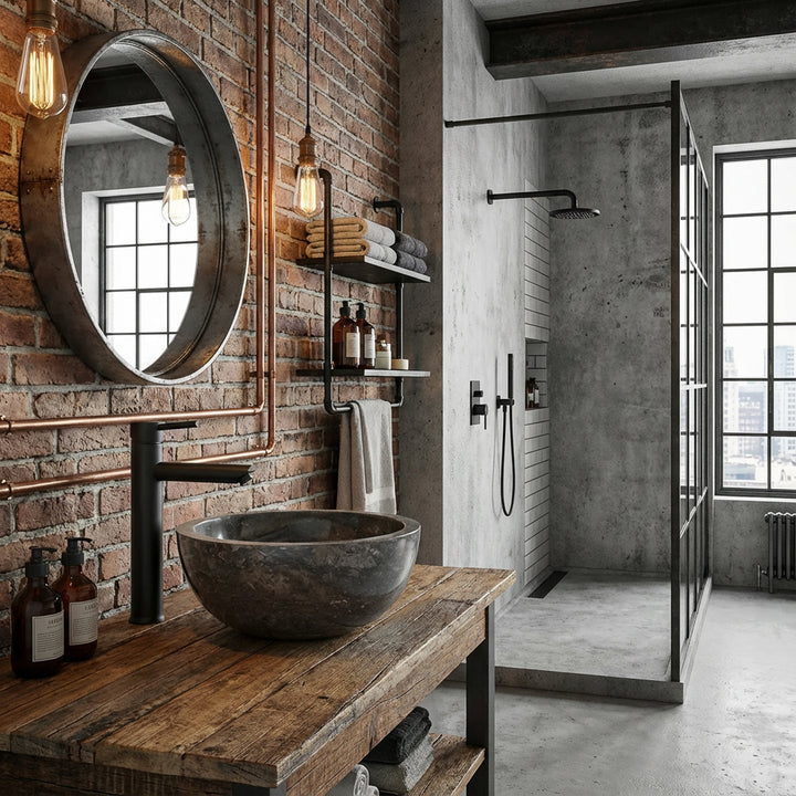 Round Washbasin made of dark natural material on a wooden washbasin with black fittings in an industrial loft bathroom