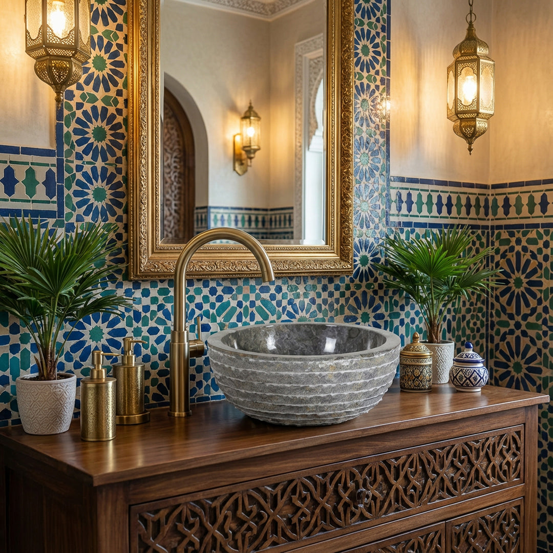 Round countertop washbasin made of natural stone on a wooden vanity unit, Moroccan bathroom with mosaic tiles and brass fittings