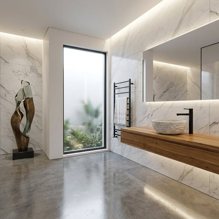 Modern stone washbasin as a countertop basin on a floating wooden washbasin in a bright bathroom with natural stone tiles