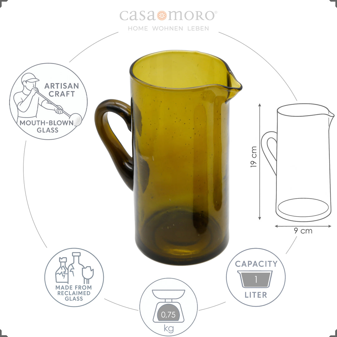 Carafe with 1 liter volume made of recycled glass, with curved handle