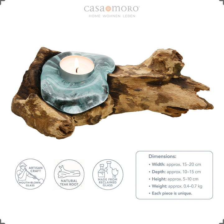Tealight holder made of glass on burl wood with dimensions, handmade unique piece made of natural teak and mouth-blown glass.